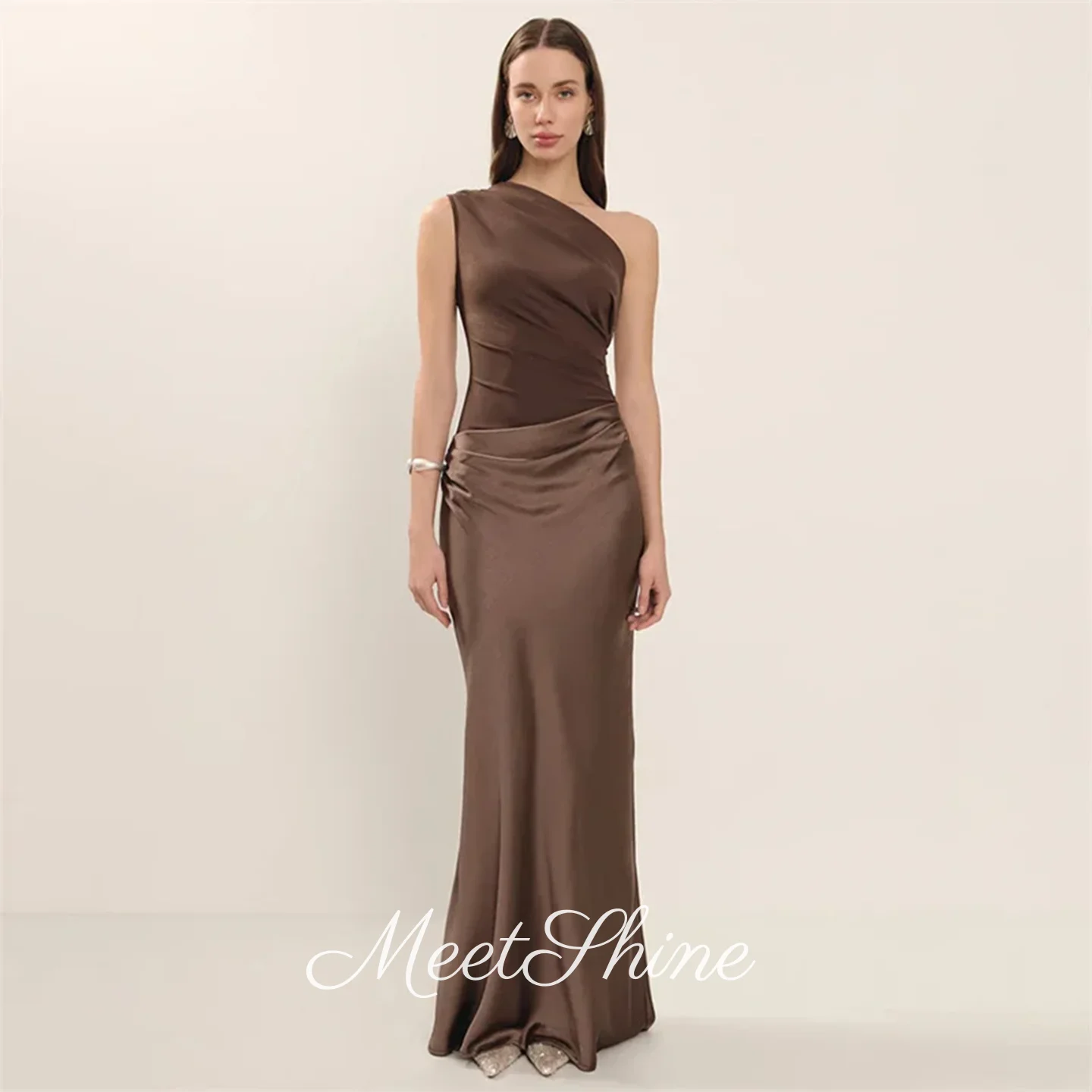 

Simple Brown One Shoulder Mermaid Evening Dresses Saudi Arabia Patchwork Sleeveless Sweep Train Formal Party Dresses Customized