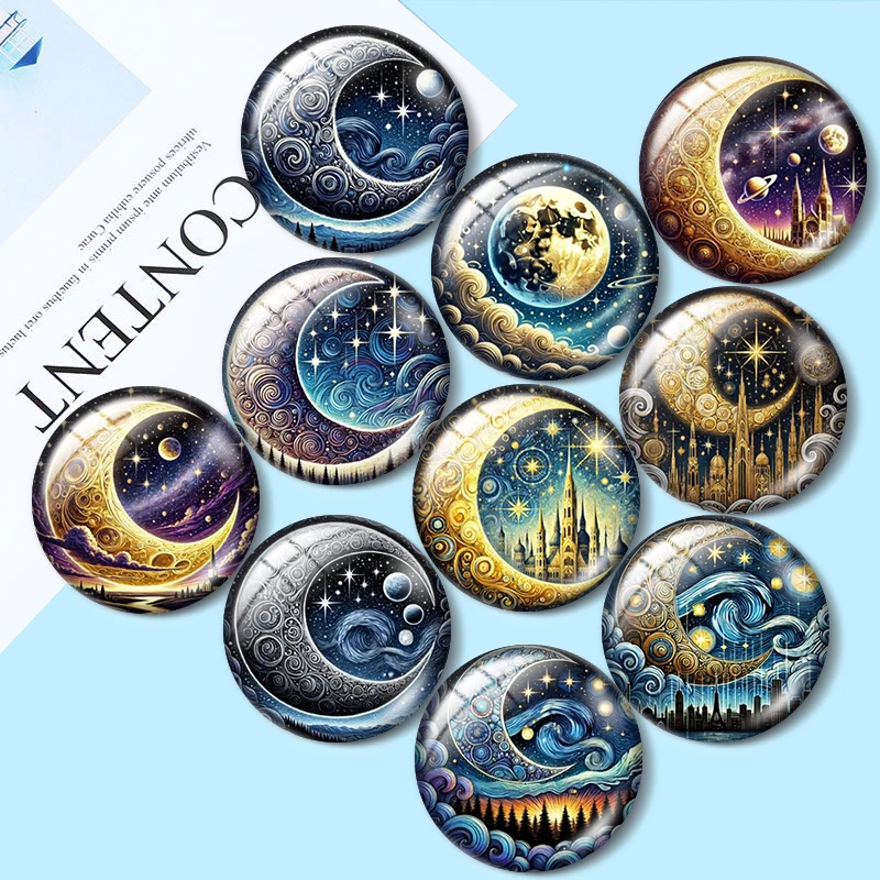 

Mystical Starry Moon Night 10pcs 12mm/16mm/18mm/25mm Round Photo Glass Cabochon Demo Flat Back Making findings