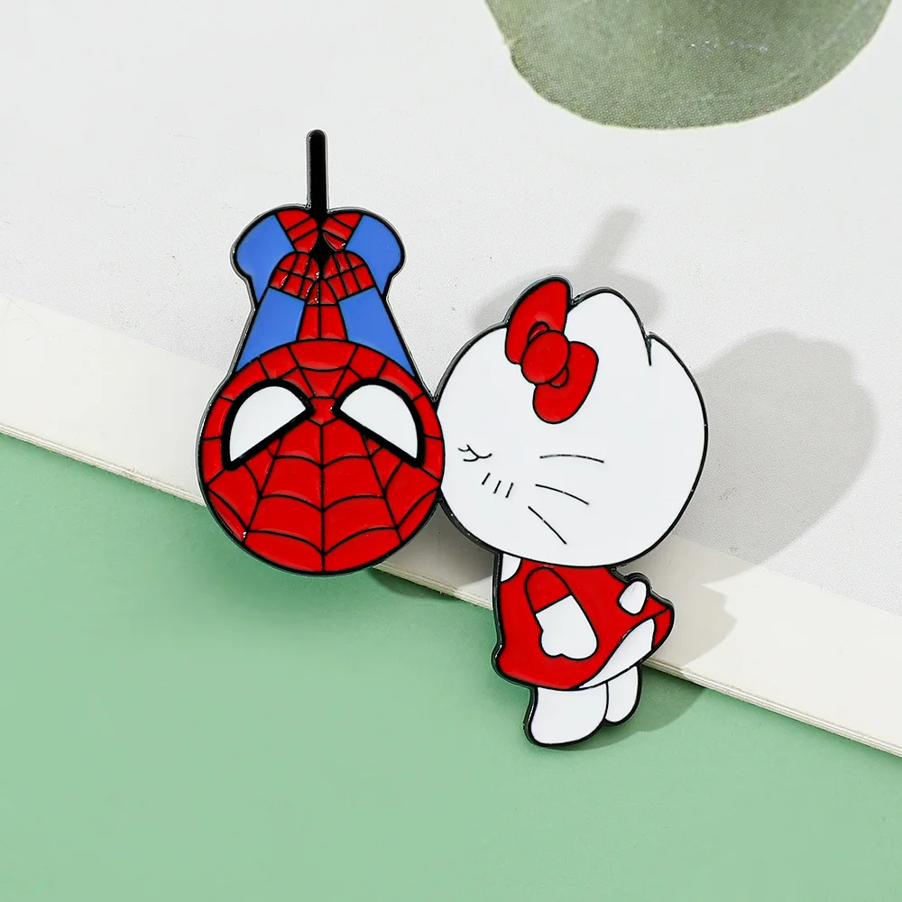 

Anime Sanrio Hello Kitty Spiderman Brooch Cartoon Figure Kitty Cat Spiderman Metal Badge Brooch Lovers Jewelry Accessories Gifts