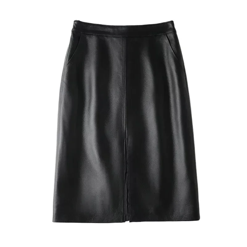 Genuine Sheepskin Leather Skirt Korean Style High Waist Black Skirt OL Real Leather Women Skirts Split Wrap Skirt Streetwear SGG