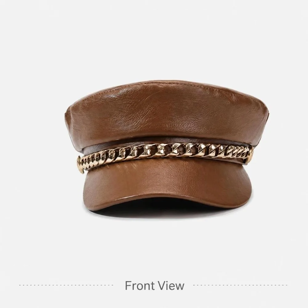Retro PU Leather Newsboy Cap Solid Color Chain Decor Flat Top Cap Adjustable Strap Faux Leather Beret Hat Outdoor Wear