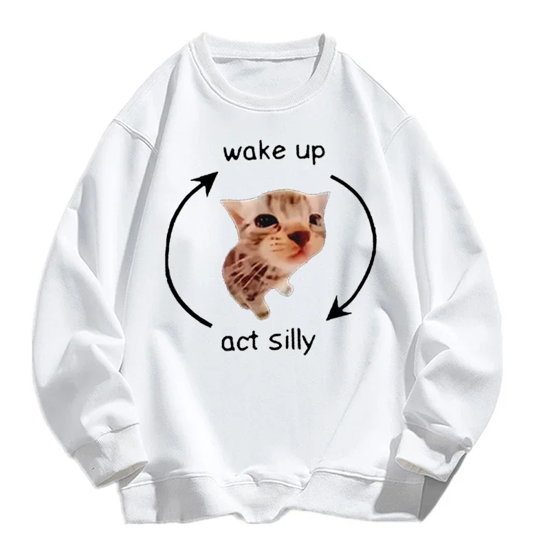 Wake Up Act Silly Meme Hoodies Funny Cute Cat Graphic Hoodies Sleeve Women Casual Popular Y2K Clothes Women\'s Sweatshirts