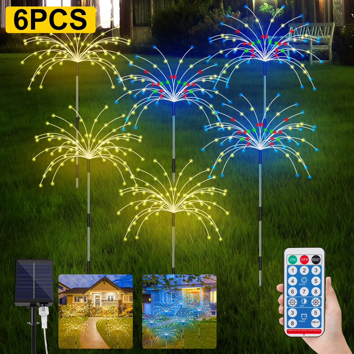 6PCS LED Solar Firework Lights 8 Lighting Modes Remote Control Waterproof Solar Light  for Yard Pathway Lawn Garden Decoration