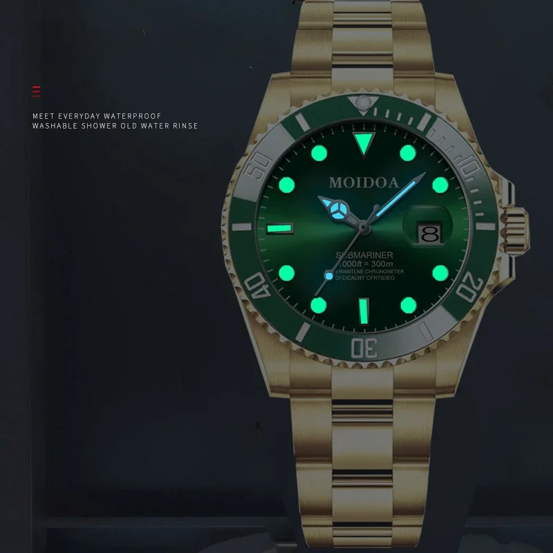 MOLDOA  Top Original Men Quartz Watch Green Waterproof Watch for Men Stainless Steel Quartz Men Luxury Watch Luminous Wristwatch