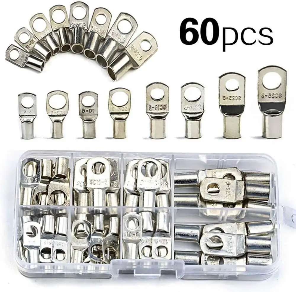 60pcs Assortment Car Auto Copper Ring Terminal Wire Crimp Connector Bare Cable Battery Terminals Soldered Connectors Kit HX-50B