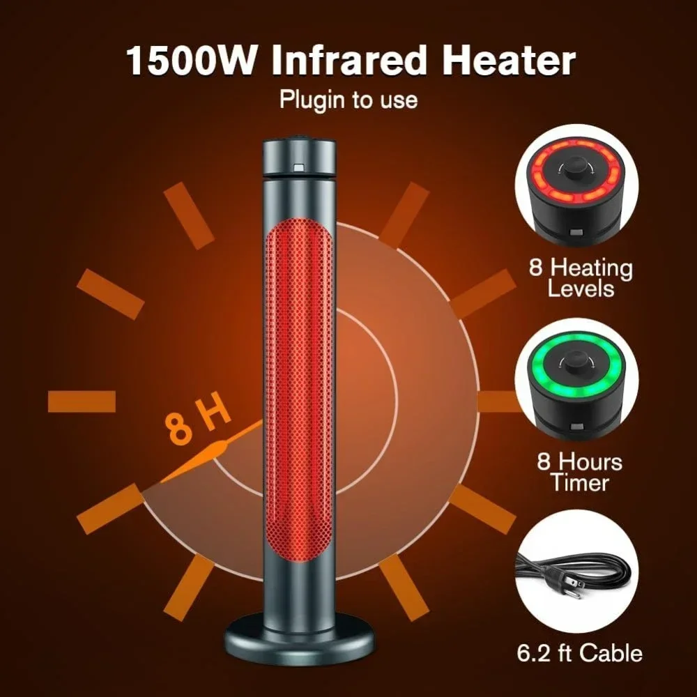 Electric Heater, 1500W IP65 Infrared Heater with Remote, 8 Heating Levels 8-Hour Timer & Oscillation, Tip-over Protection
