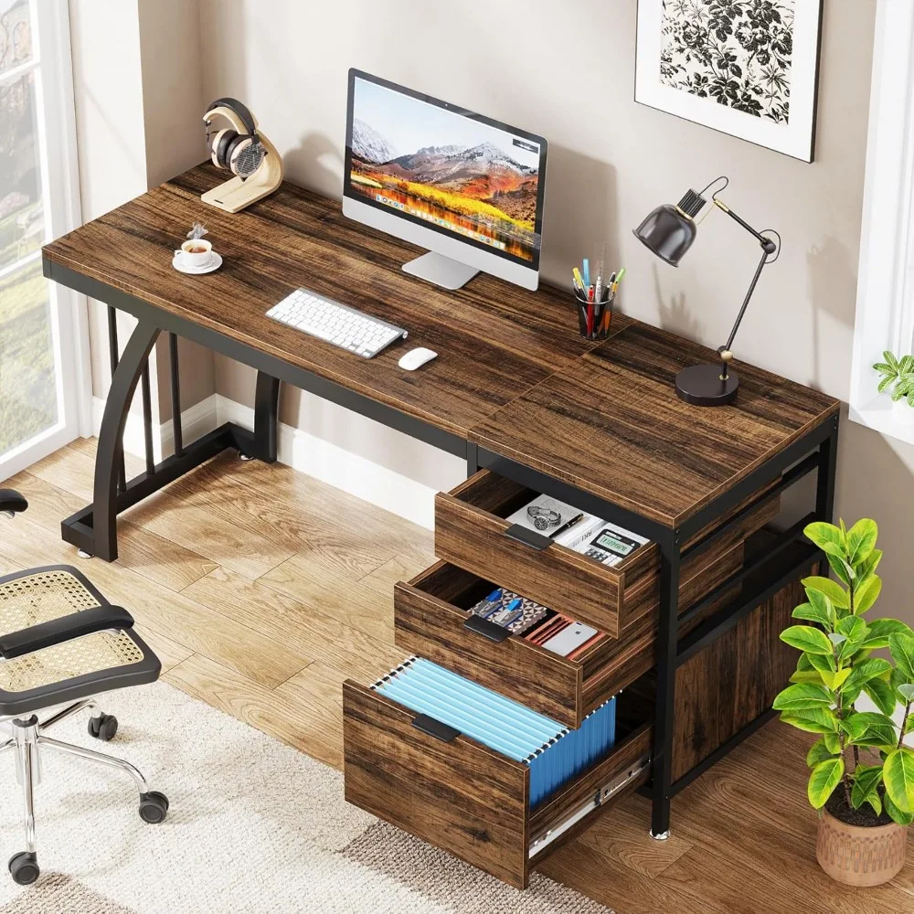 59-Inch Tribesigns Industrial Study Writing Desk with 3 Reversible Drawers for PC Workstation
