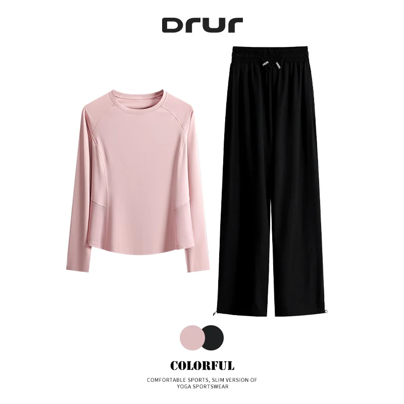 DRUR Women 2 Piece Workout Sets Long Sleeve Yoga Top Mesh Panels Wide Leg Pants Adjustable Drawstring Athletic Lounge Set Gym