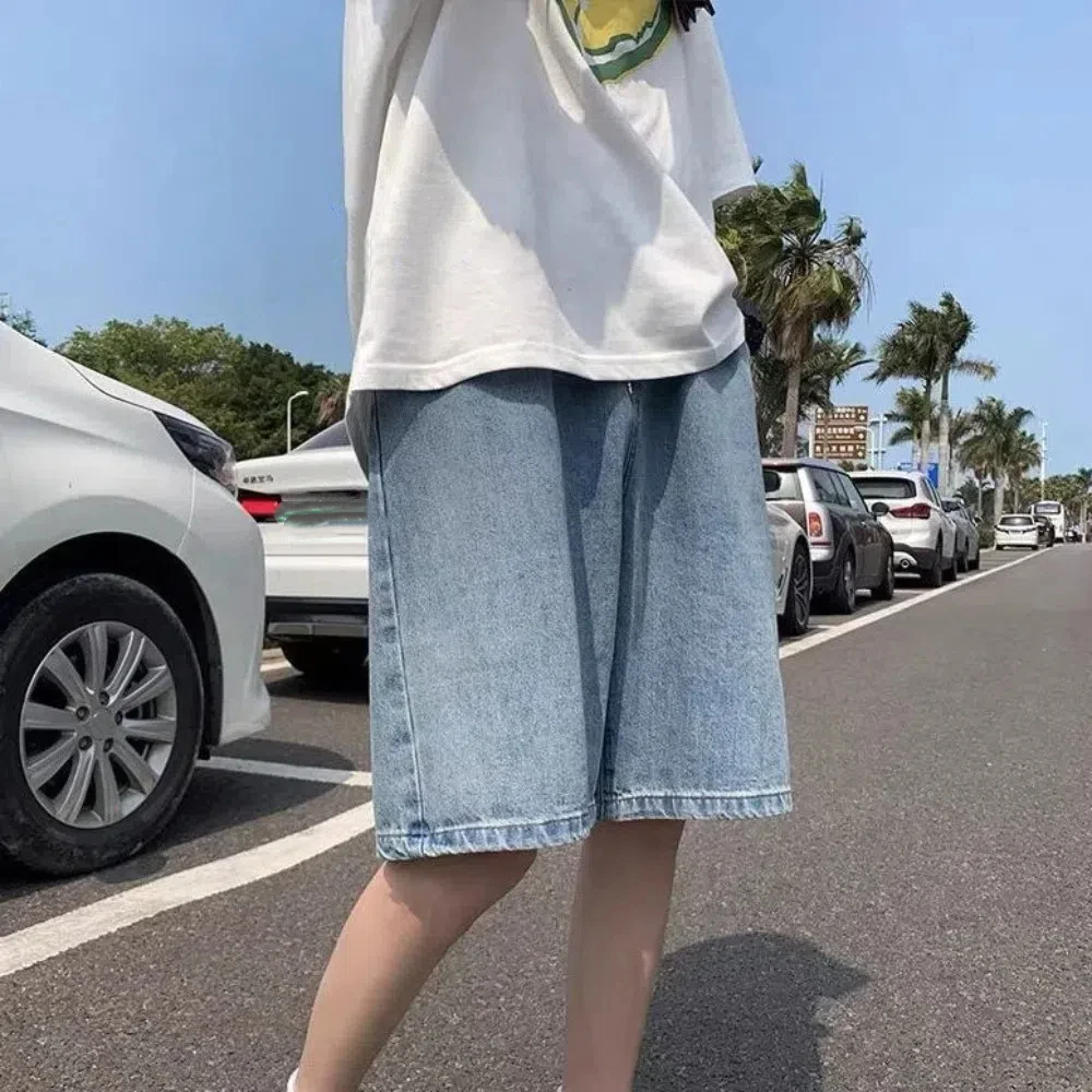 

Ins Drawstring Denim Shorts Men Loose Wide Leg Baggy Short Jeans High Waist Trousers Denim Knee Length Pants Unisex