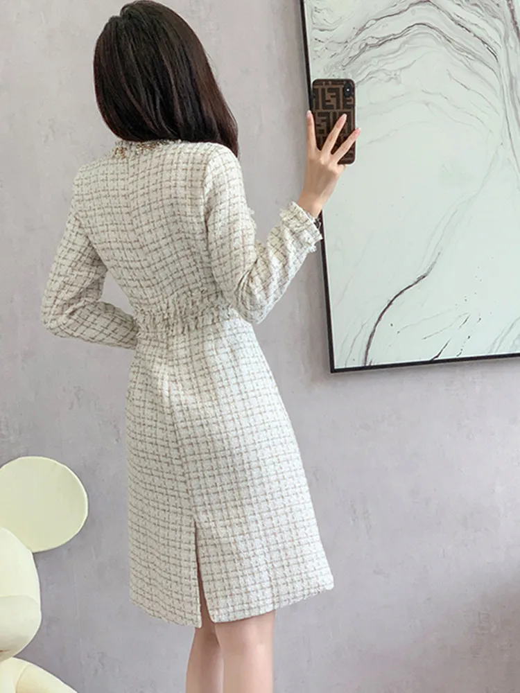 High Quality Luxury Design Runway Small Fragrance Tweed Dresses For Women Fashion Beading Winter Woolen Dress Female Party Dress