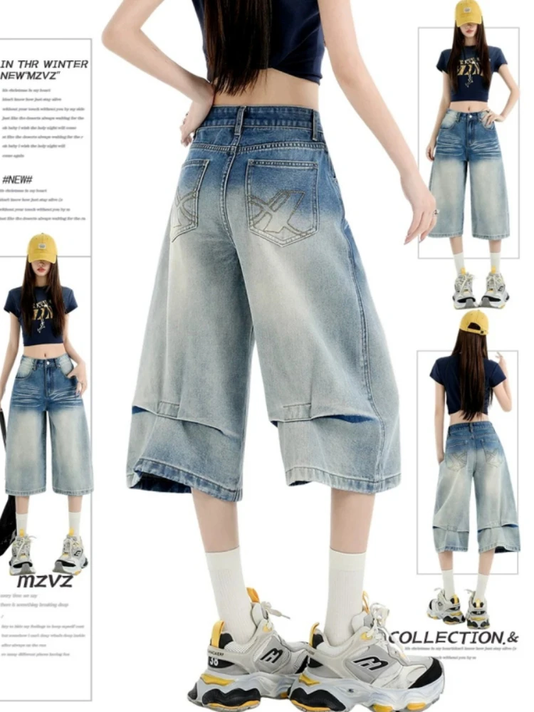 American Retro Y2K Baggy Capri Jeans for Women Gradient Washed Denim Cropped Trousers Back Pocket Fashion Trend Casual Pants