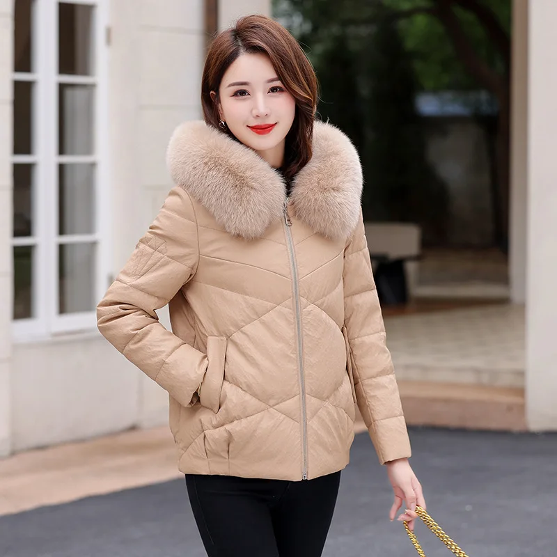 Winter Loose Korean Leather Jackets Women's Short Fox Fur Collar Jacket for Women White Duck Down Thickened Coats Jaqueta Puffer