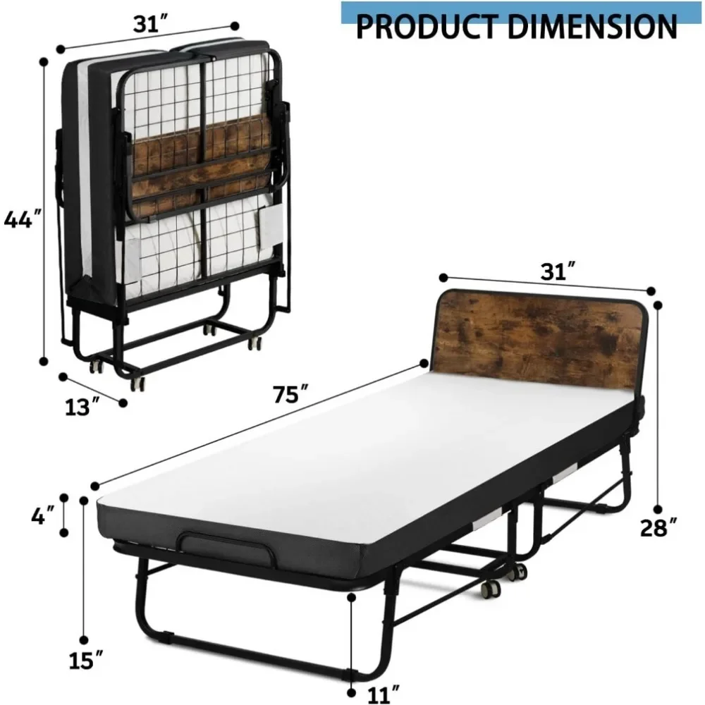 Single Folding Bed with Memory Foam Mattress for Adults,Portable Rollaway Cot Size Guest Bed with Headboard&Sturdy Steel Frame