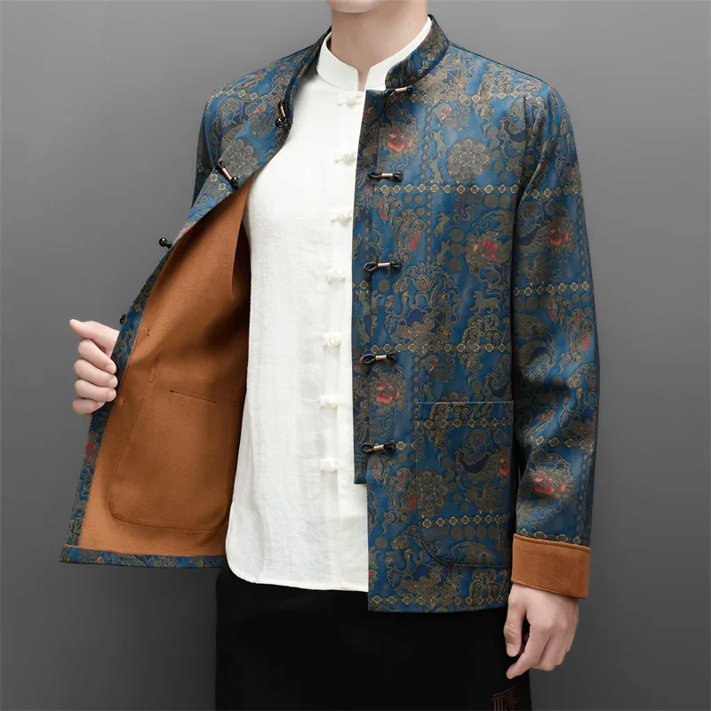 Thick Fleece Tang Costume Jacket Shirts For Men Long Sleeve Print Winter Quality Softness Chinese Style Trendy Camisas De Hombre