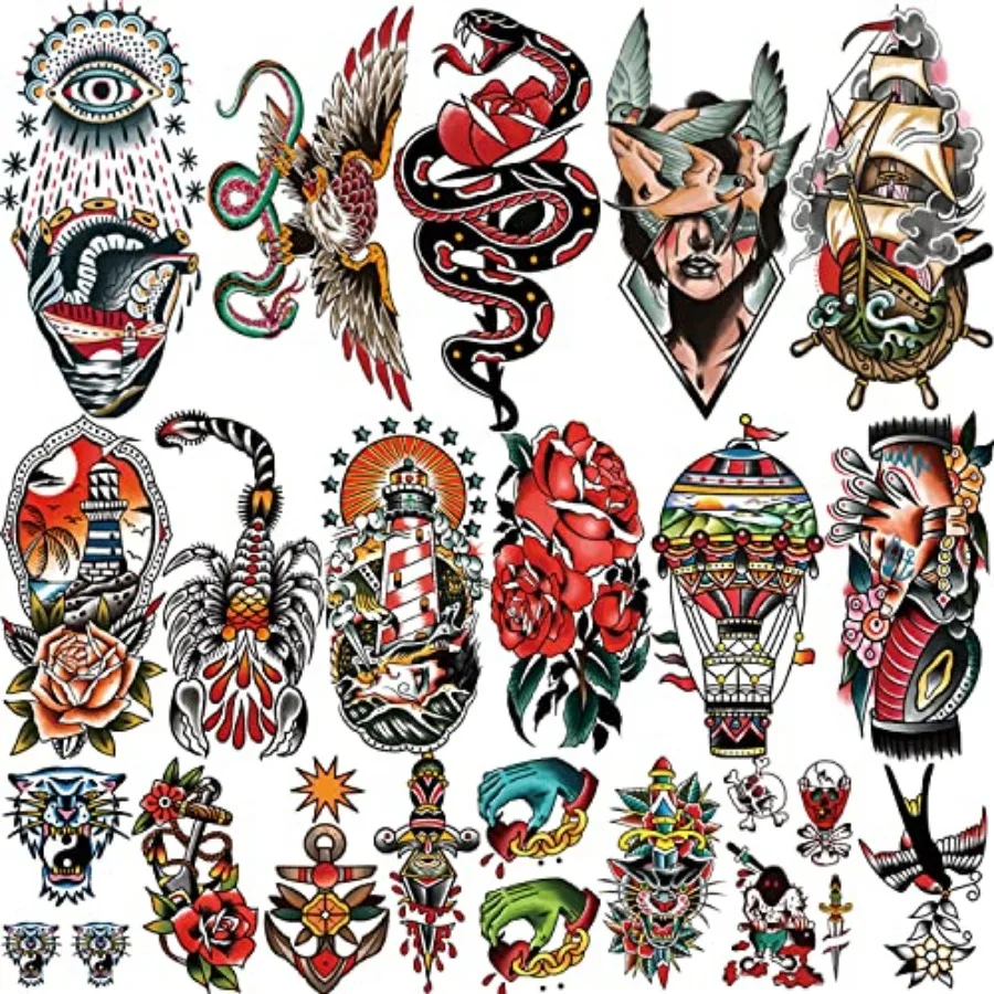 

77 seets Classic Temporary Tattoos Adult, Old Scool Tattoos Stickers, Sailor Jerry Style Fake Tattoo, American Traditional Flow