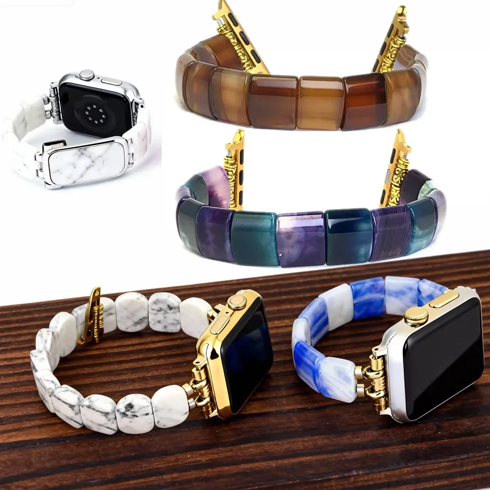 Boho Rainbow Botswana Onyx Stone Smart Watch Strap 38mm/45mm Elastic Wristwatch Band Cuff Bangle agate Bracelet Iwatch Jewelry