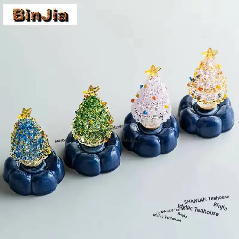 Azure Stone Glazed Turning Christmas Tree Tea Pet Traditional Tea Sculpture Tea Figurine Play Toys Tea Statue Ornaments Craft