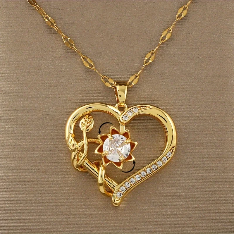 Exquisite 360° Rotatable Decompression Heart-shaped Sunflower Zircon Pendant Necklace, Birthday Christmas Gift Jewelry