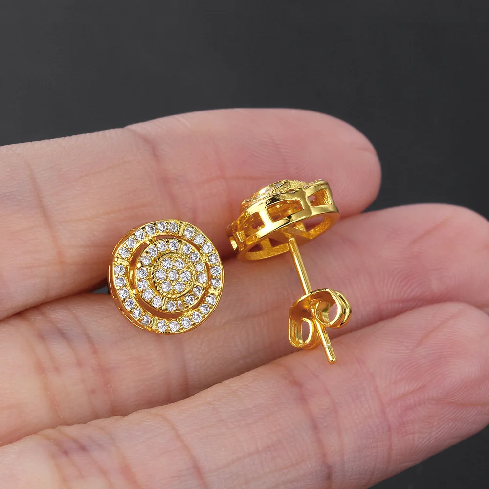 Luxury Shiny Round Earrings For Men Women Hippie AAA+ Cubic Zirconia Gold Color Ear Stud Classic Simple Hip Hop Jewelry OHE167