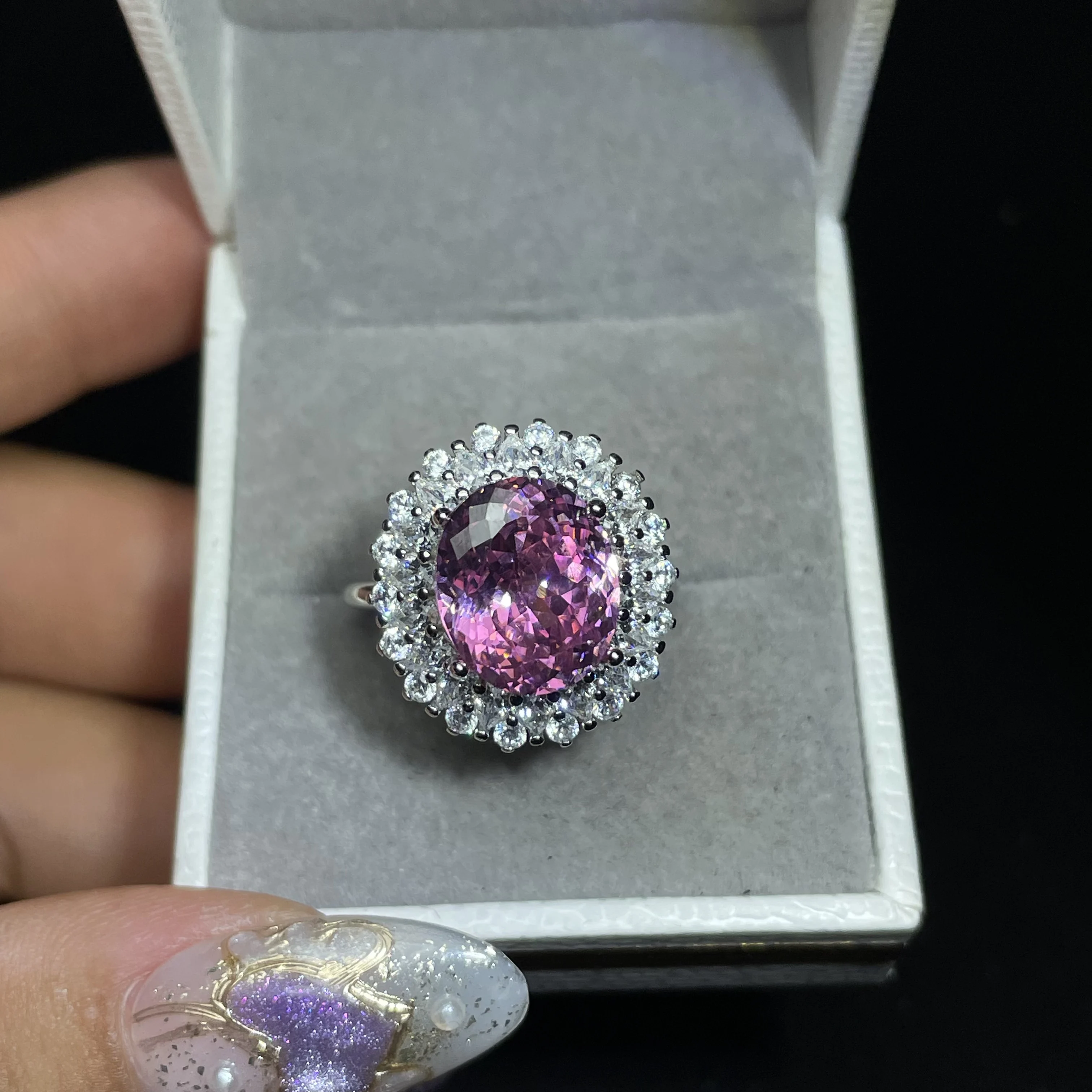 All-natural pink sapphire, pure silver, 3-ring setting, diamond ring, tail ring, precious gemstone, luxury style