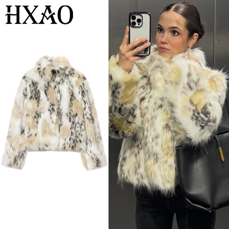 

HXAO женская шуба с леопардовым принтом, пушистая куртка, осенне-зимняя шуба, женская укороченная плюшевая верхняя одежда с длинными рукавами, шикарные волосатые теплые пальто