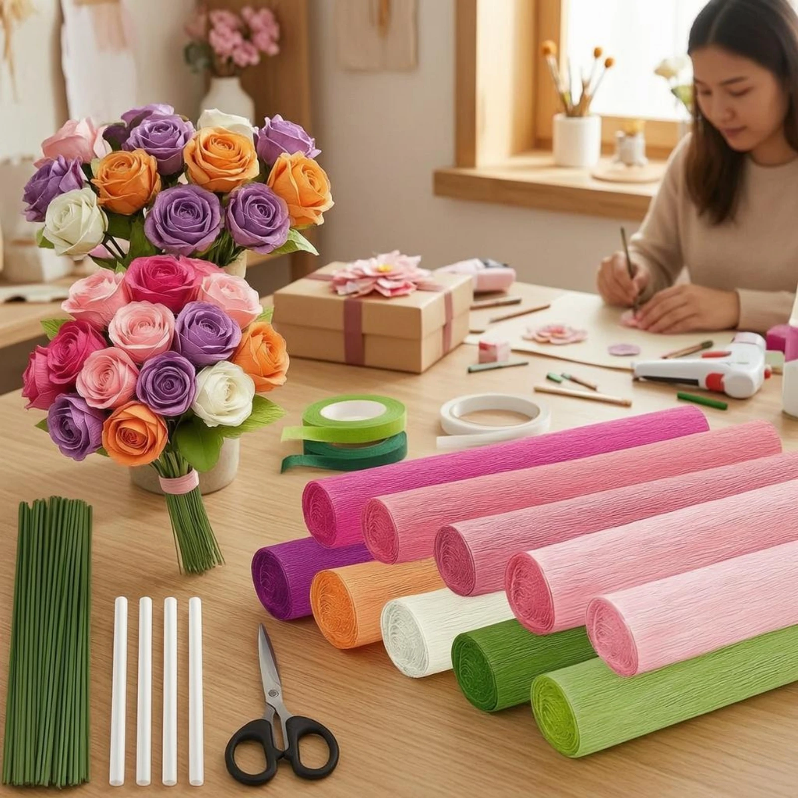 

Crepe Paper Craft Kit Hot Glue Sticks Crepe Paper Flower Kit Hobby Supply Plastic-Coated Wire Easy to Assemble