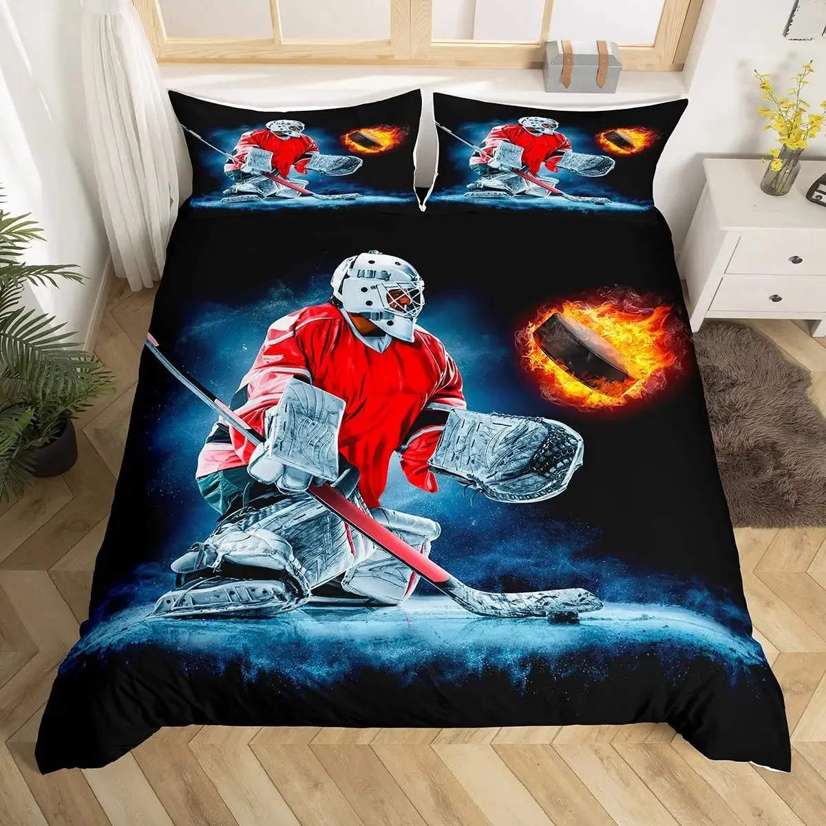 Ice Hockey Duvet Cover Set Full Queen Size,Geometric Check Patchwork Stylish Bedding Set,Athlete Winter Sports Comforter Cover