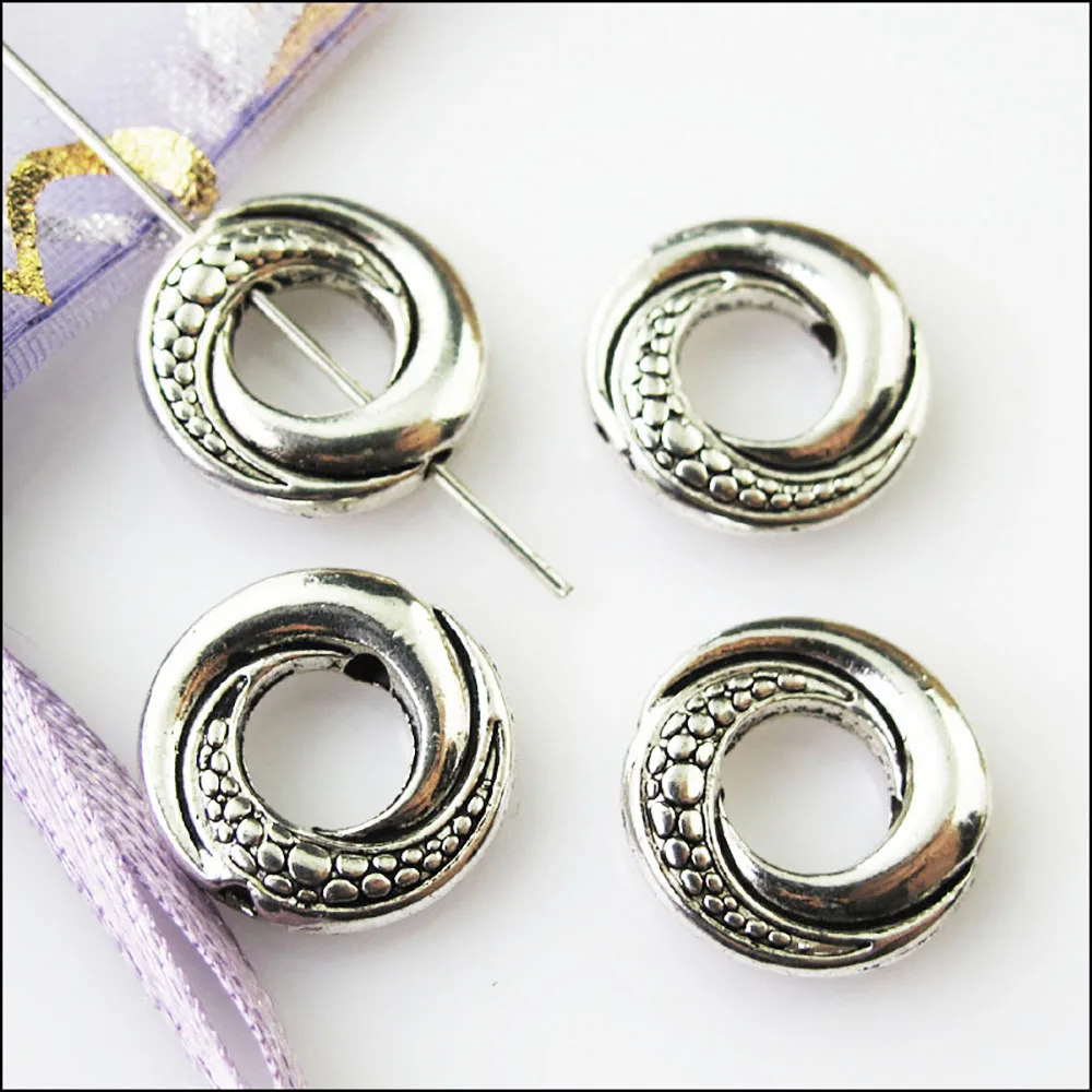 12Pcs Antiqued Silver Color Round Circle Spacer Beads Frame Charms 14.5mm