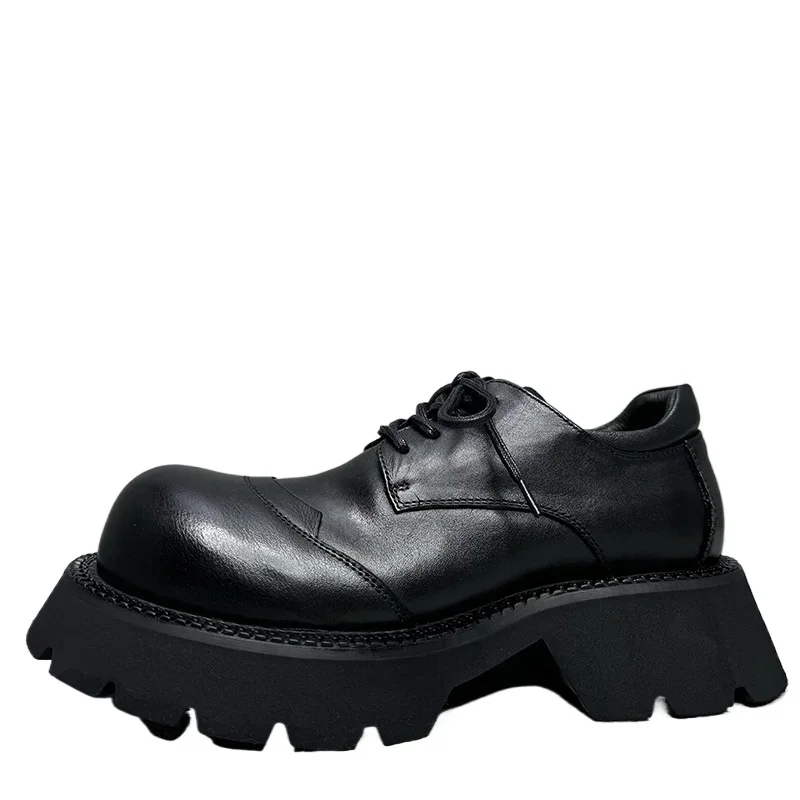 

European/American Shoe Toe Raised Design Derby Shoes for Men's Comfortable Breathable Thick Soled Commuting Casual Leather Shoes