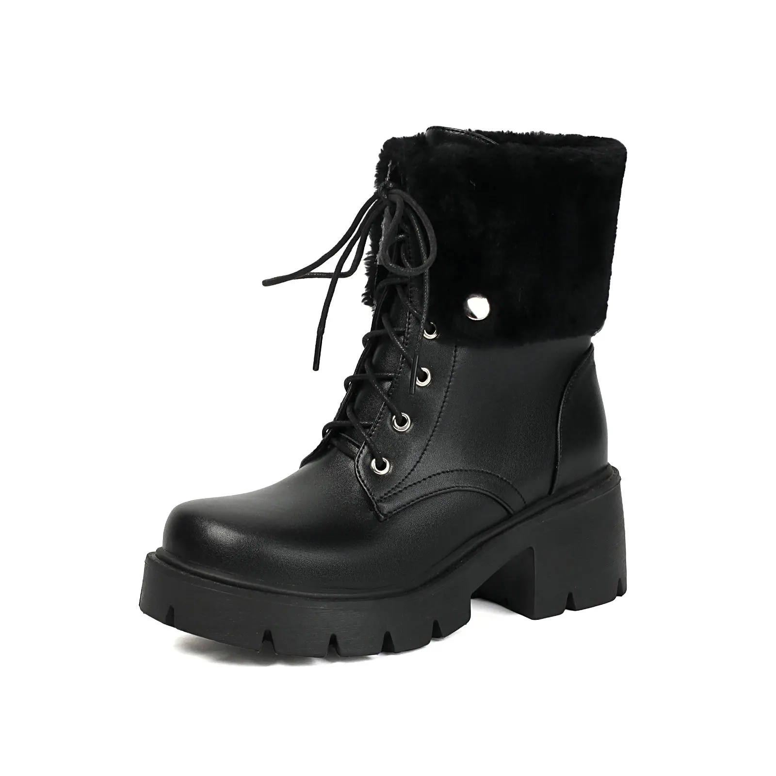 

Женские армейские ботинки, зимние ботильоны на платформе, черные туфли в стиле панк на складной массивном каблуке со шнуровкой в стиле милитари, теплая плюшевая обувь
