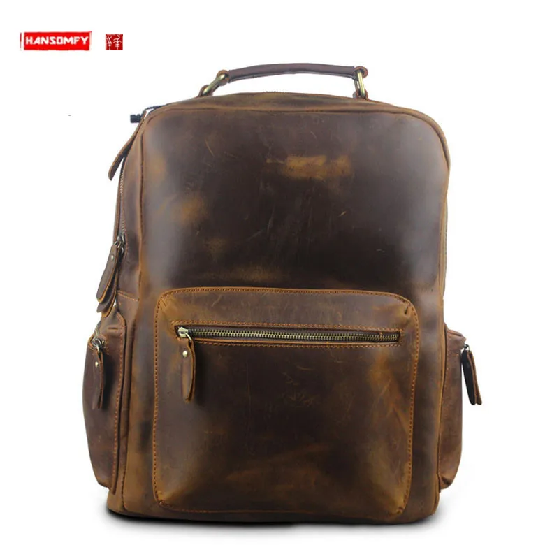 New Genuine Leather Men And Women Backpack Shoulder Bags Travel Backpacks Retro Crazy Horse Leather Laptop Bags Schoolbags