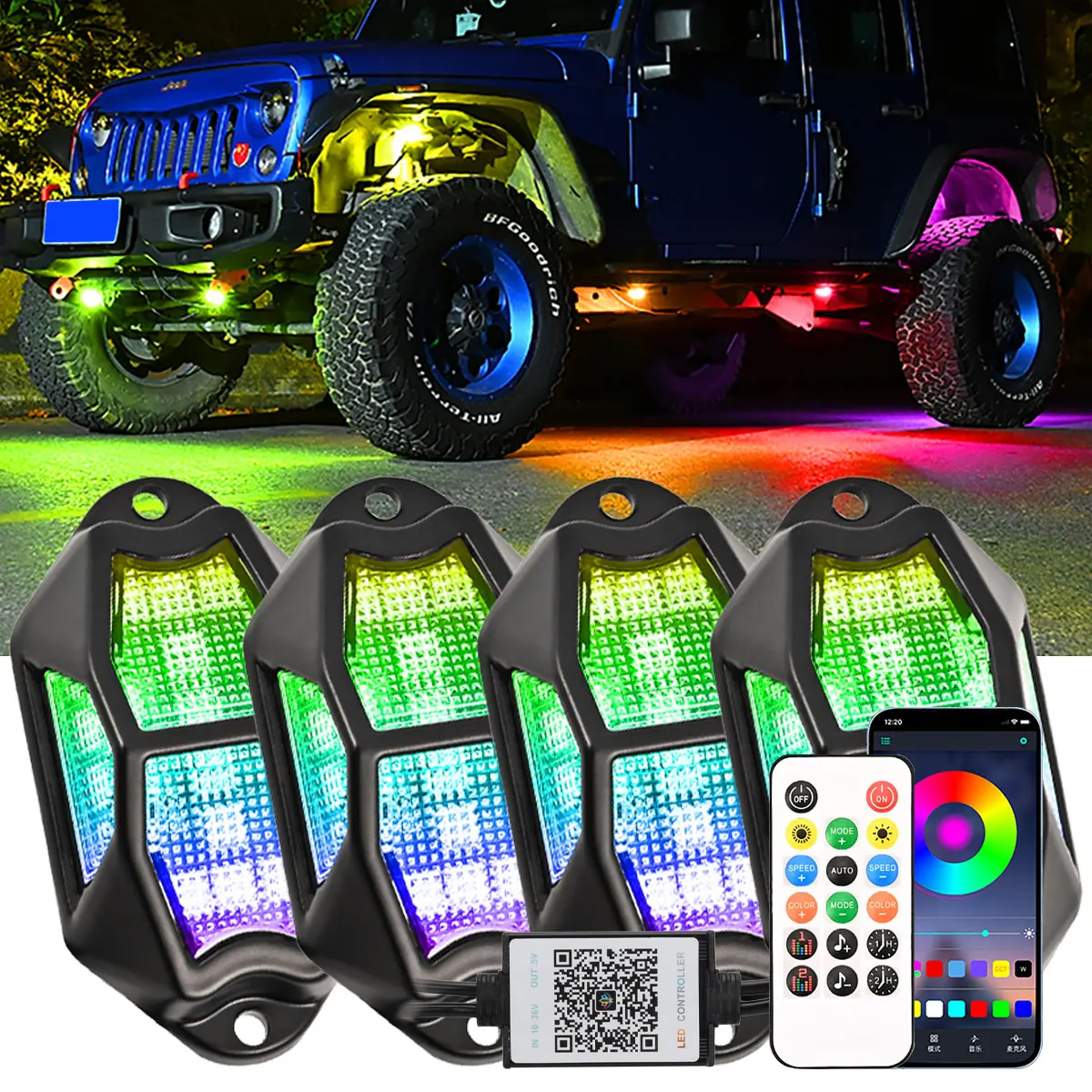 4in1 led flashing Chassis lights LED Rock lamp Car Decorative lights flowing RGB ambient light Tire contour LED Atmosphere light