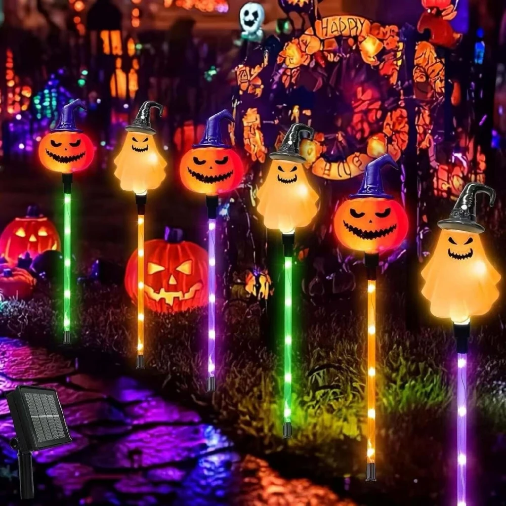 6PC/Set Halloween Outdoor Solar Purple Orange Green LED Garden Lights Waterproof Lawn Yard Path Pumpkin Ghost Skull Decorations