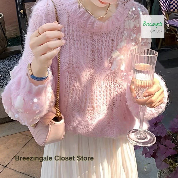 

Korean style sweet pink sequined sweater women's spring and autumn new fashion temperament sweater loose and gentle pullover
