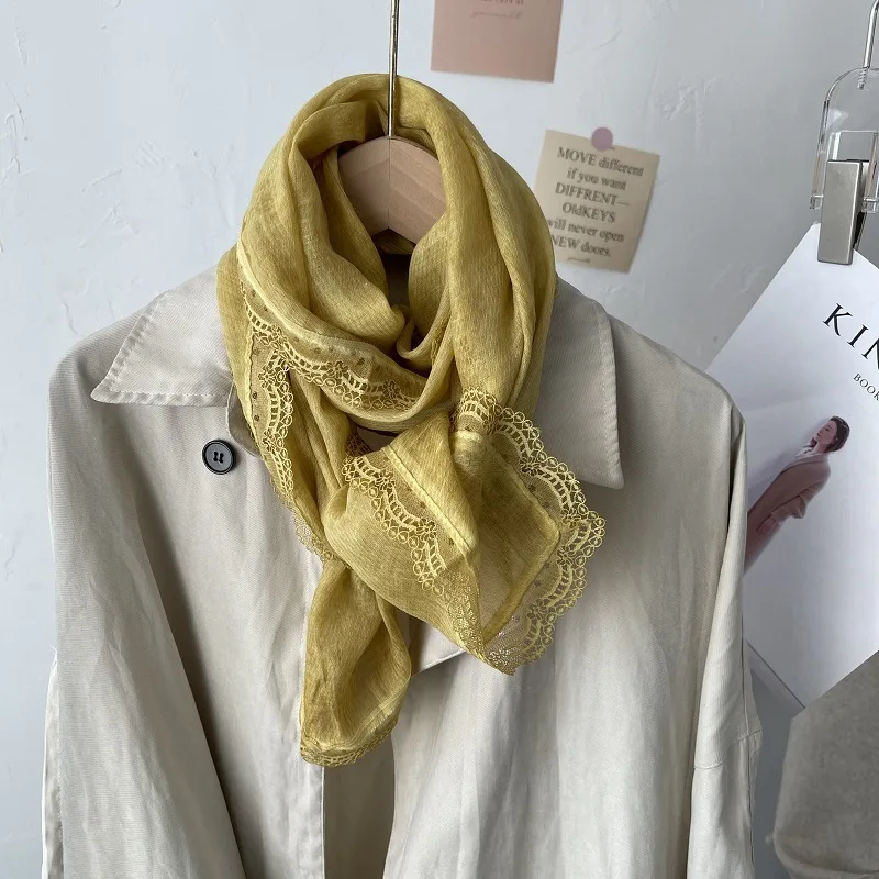 Linho renda algodão linho cachecol feminino inverno xale dupla finalidade primavera outono estilo estrangeiro moda seda cor sólida fio
