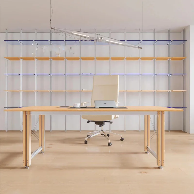 

Double desk Aluminum profile workbench Solid wood computer table Student home living room Office long table