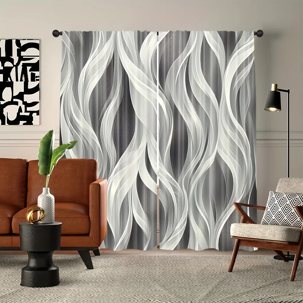 2pcs Modern Dark Gray Light-Filtering Curtains with Artistic Wave Pattern – for Living Room & Various Rooms Decor