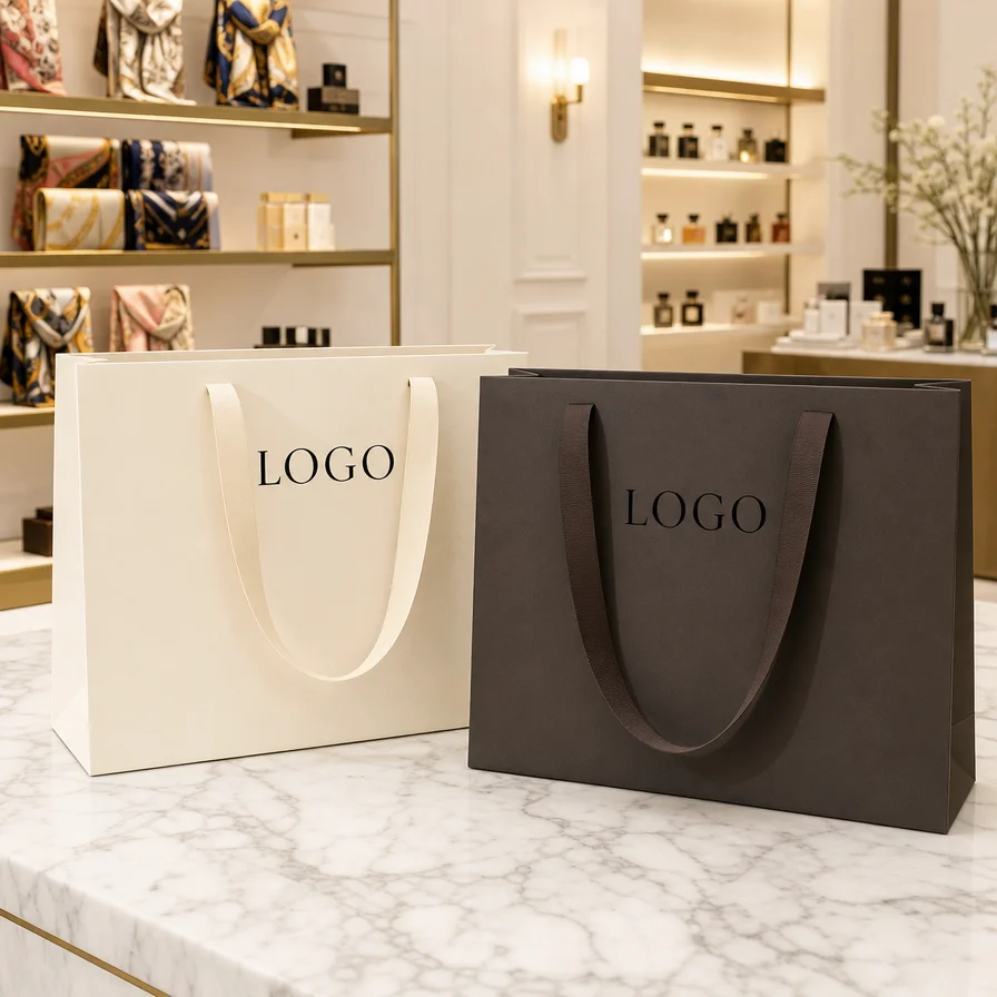 Custom White Coated Cardboard Shopping Bags Printed Logo Perfume Cosmetic Gift Handbags for Clothing Store Retail Packaging