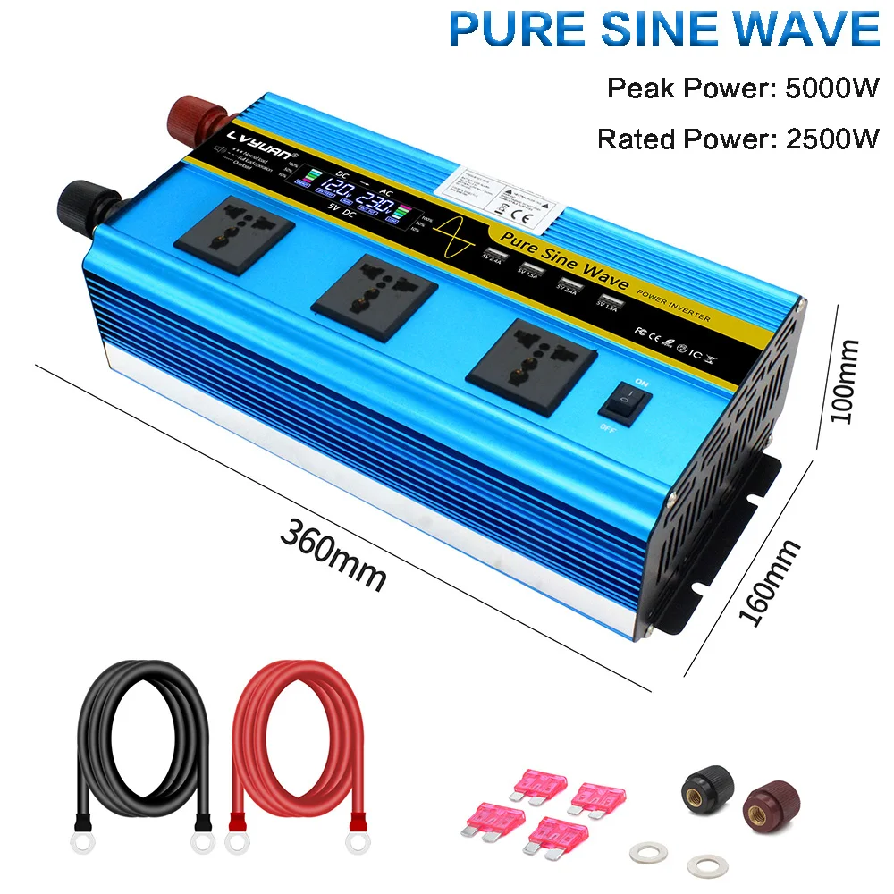 5000W Pure Sine Wave Power Inverter DC12V/24V to AC220V Car Voltage Converter 3AC Socket 4USB Port LCD For RV Camping Emergency