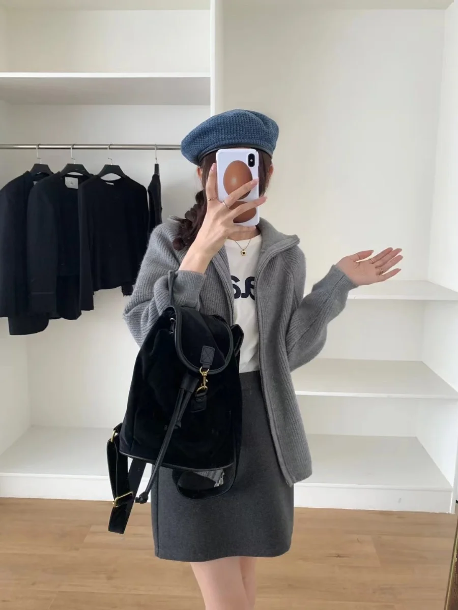 Korean Sle Loose Fit Double Zipper Knitted Jaet Thiened Heavy Egg Polyester Fiber Long Sve Cardigan Women's Outerwear