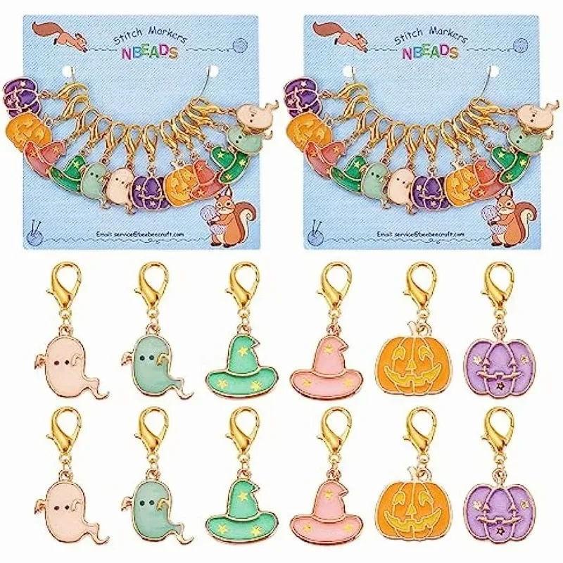 

24 Pcs Halloween Theme Stitch Markers 6 Styles Charms Removable Dangle Locking Stitch Marker for DIY Making