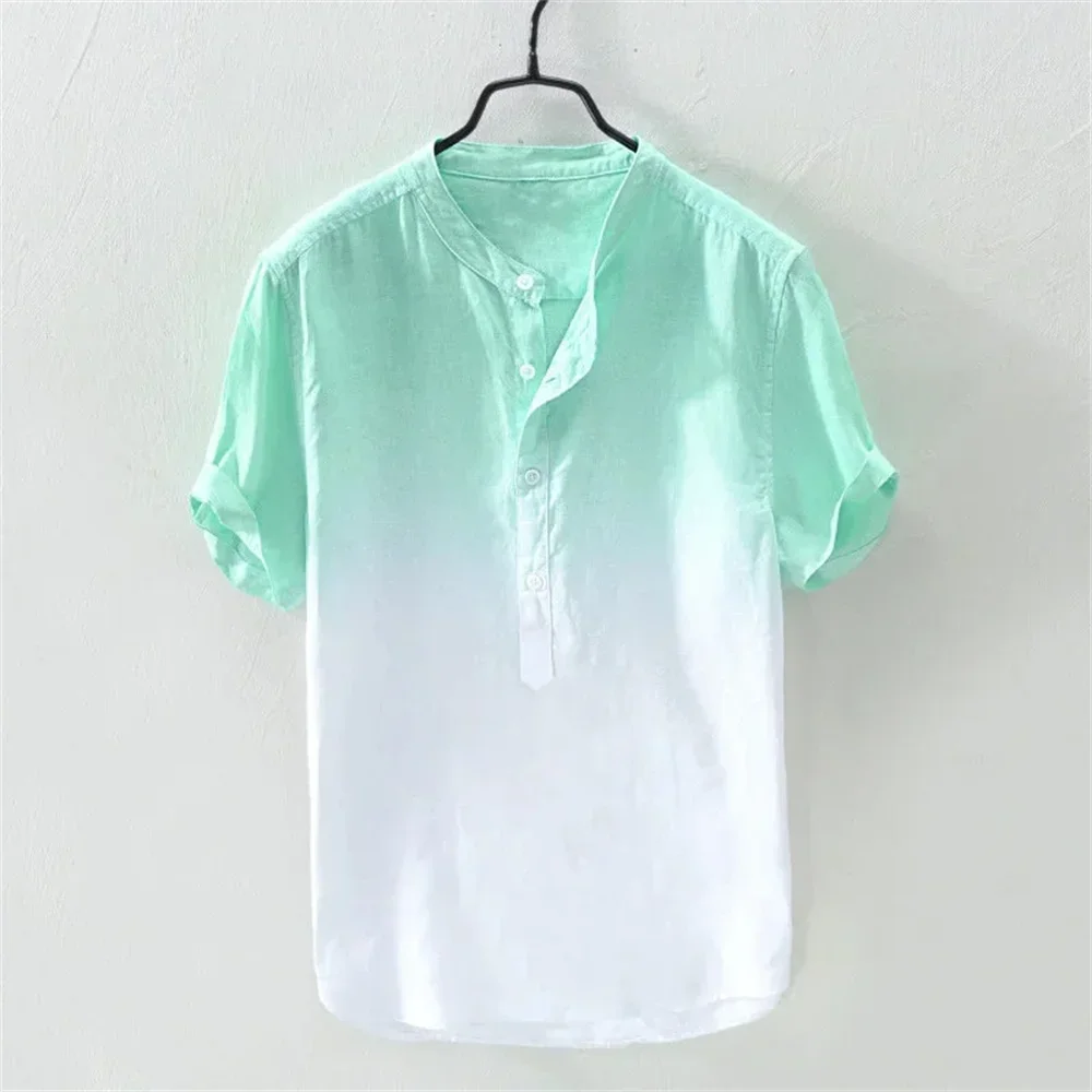 Linen shirt 100% summer Hawaiian shirt casual vacation men\'s shirt outdoor street casual V-neck short sleeved 10 color