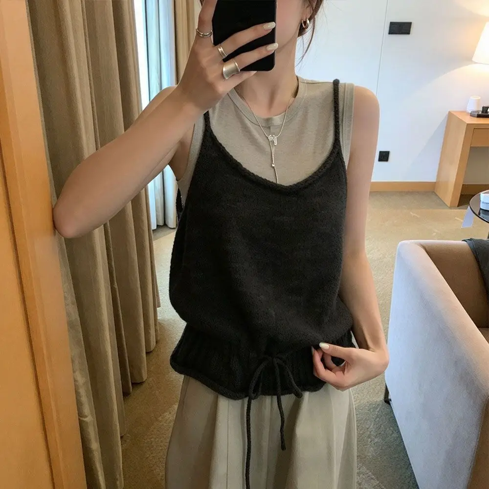 New Layering Knit Vest Lace Up Korean Style Sweater Vest Waist-Cinching Sleeveless Vest Early Autumn
