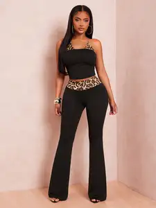 Women's Y2K Leopard Patchwork Camisole Top & Low Waist Flare Pants Set, Spring Summer Streetwear