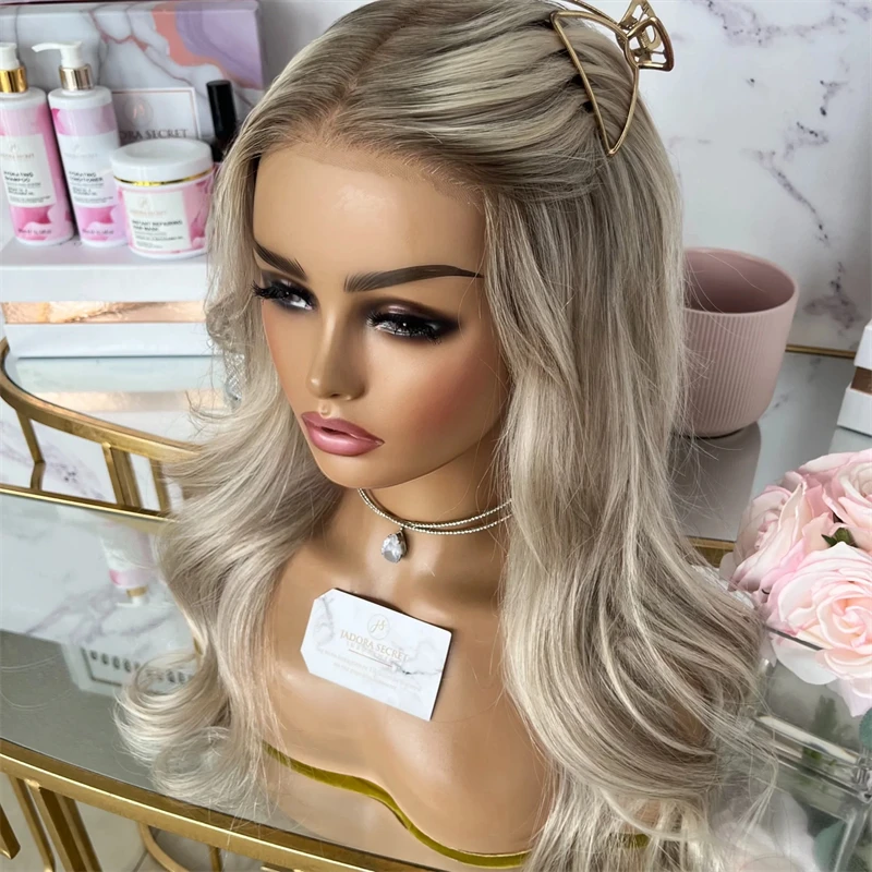 Woman Wigs 13x4 Middle Part Ombre Ash Platinum Blonde Synthetic HD Lace Front Wig Heat Resistant Fiber Soft Wave Wig Party Wigs