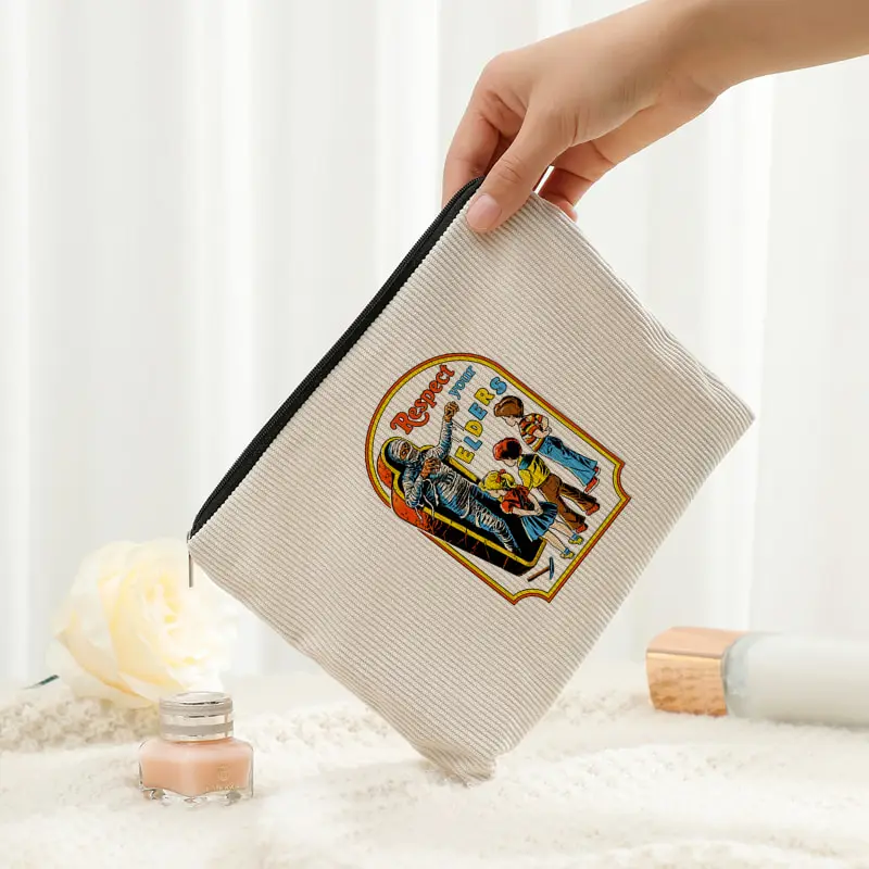 Respect Your Elders Mummy Retro Comic Corduroy Makeup Bag Vintage Horror Cartoon Zipper Cosmetic Pouch Toiletry Storage Purse