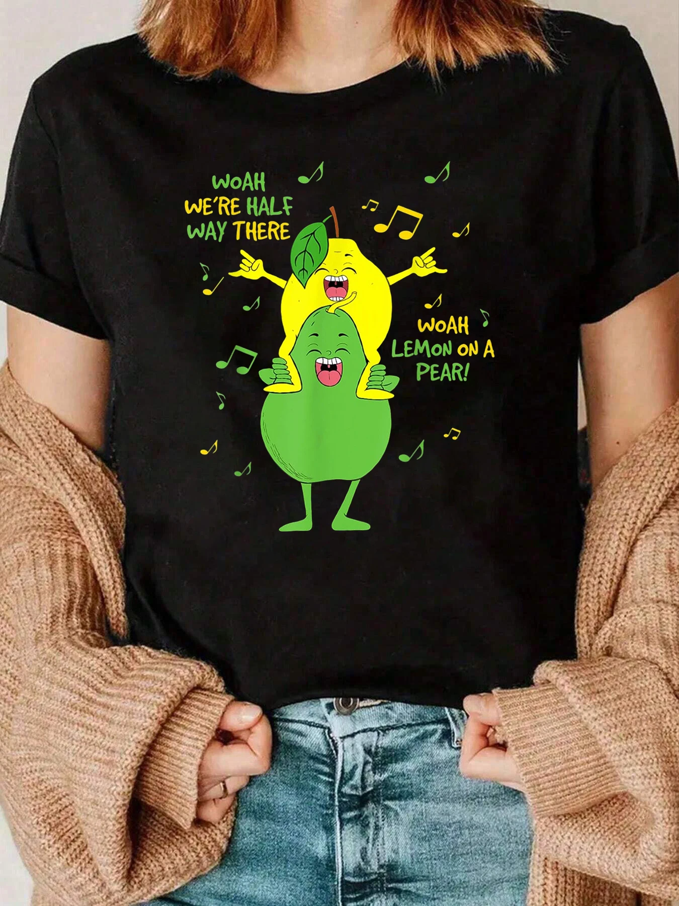 Lemon On A Pear Fruit Music Print T Shirt Holiday Casual Wear Women 220g