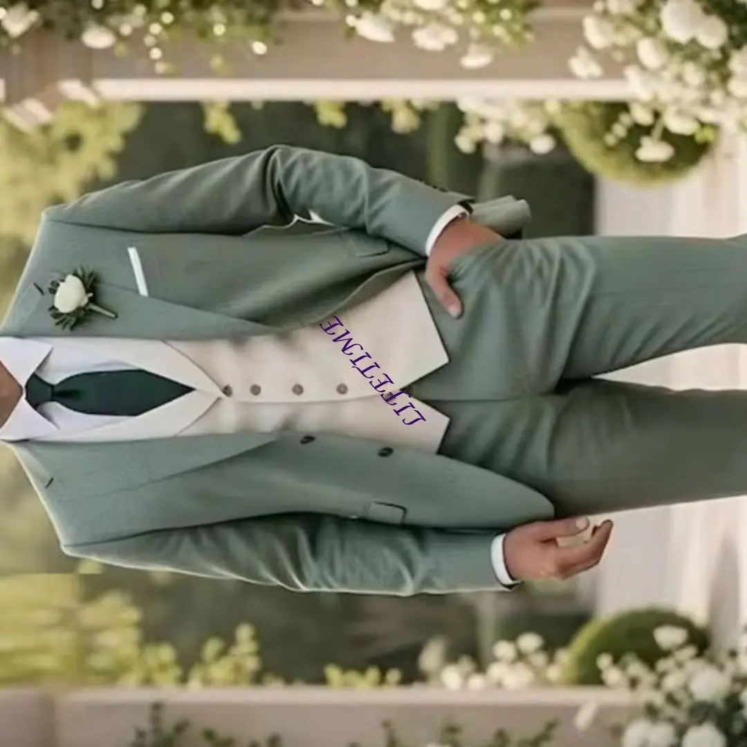 

Customized Green And Ivory 3 Piece Men's Formal Suit for Groom Groomsman Wedding Party Prom Business Tuxedo Set with Blazer Vest