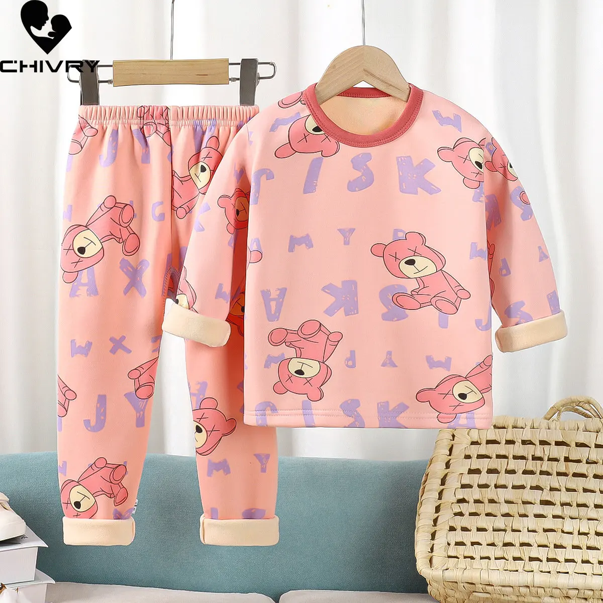 New Kids Boys Girls Thick Pajama Sets Cartoon Print Long Sleeve Warm T-Shirt Tops with Pants Baby Autumn Winter Sleeping Clothes