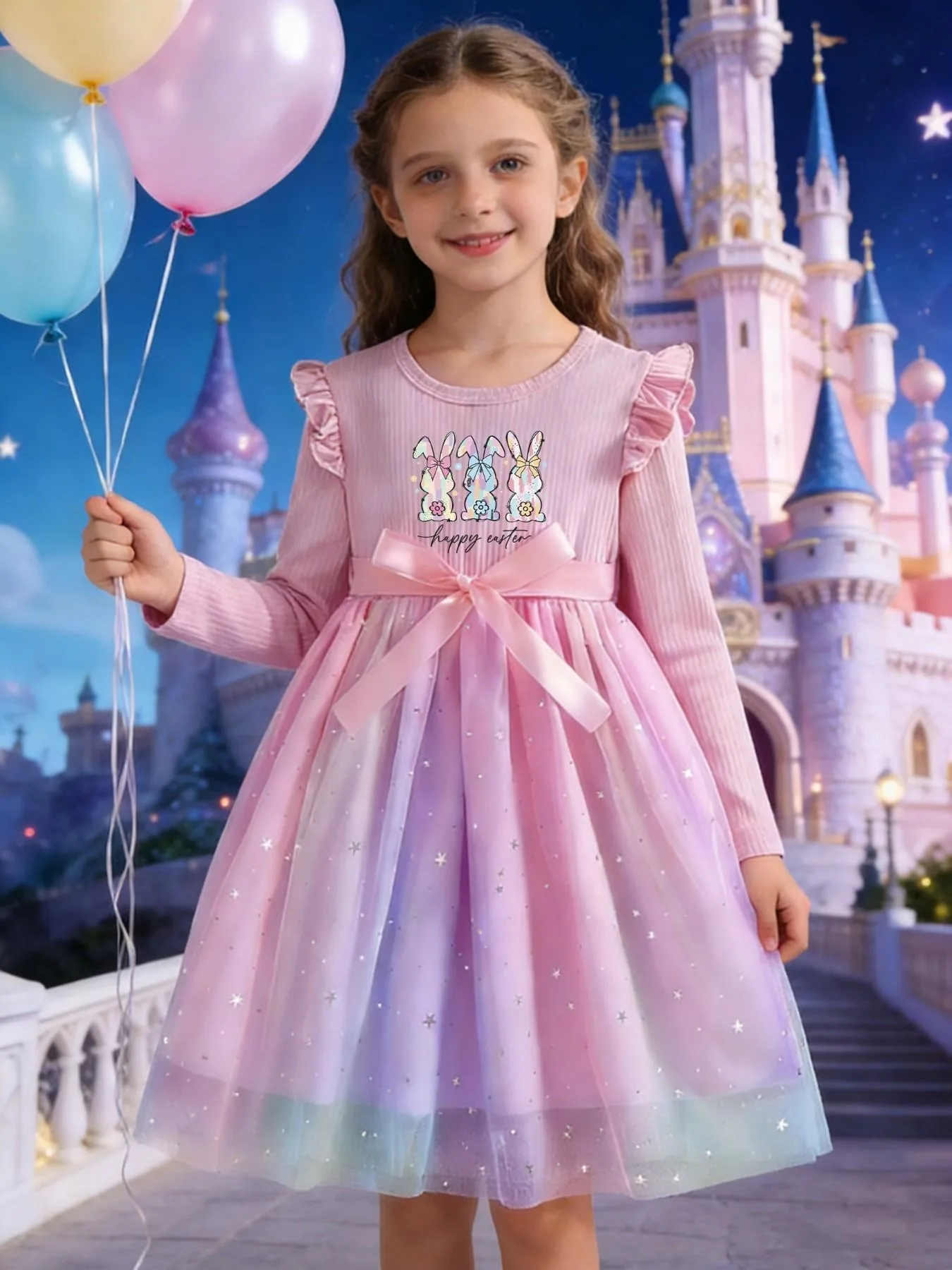 Kids Girls Easter Bunny Printed Ruffle Long Sleeve Gradient Tulle Tutu Dress Princess Holiday Party Casual Dress